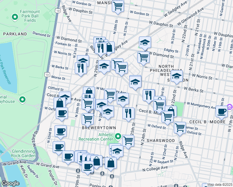 map of restaurants, bars, coffee shops, grocery stores, and more near in Philadelphia