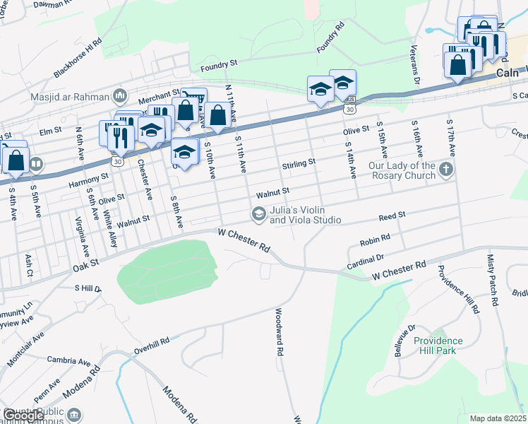 map of restaurants, bars, coffee shops, grocery stores, and more near 1109 Oak Street in Coatesville