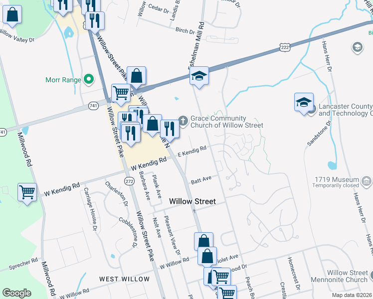 map of restaurants, bars, coffee shops, grocery stores, and more near 6 East Kendig Road in Willow Street