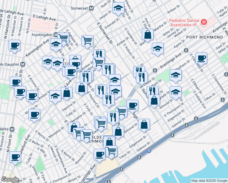 map of restaurants, bars, coffee shops, grocery stores, and more near 2328 East Lehigh Avenue in Philadelphia