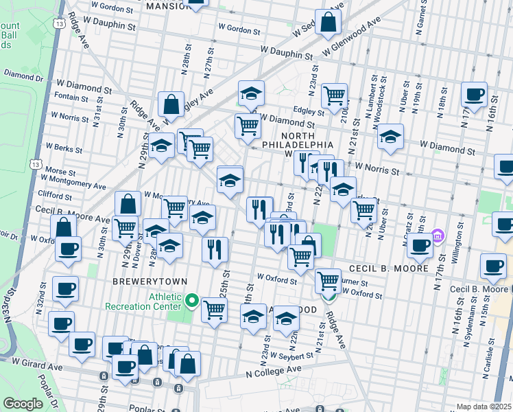 map of restaurants, bars, coffee shops, grocery stores, and more near 1803 North Ringgold Street in Philadelphia