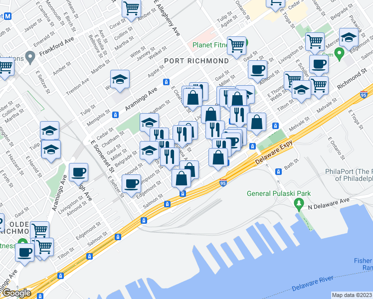 map of restaurants, bars, coffee shops, grocery stores, and more near 3010 East Thompson Street in Philadelphia