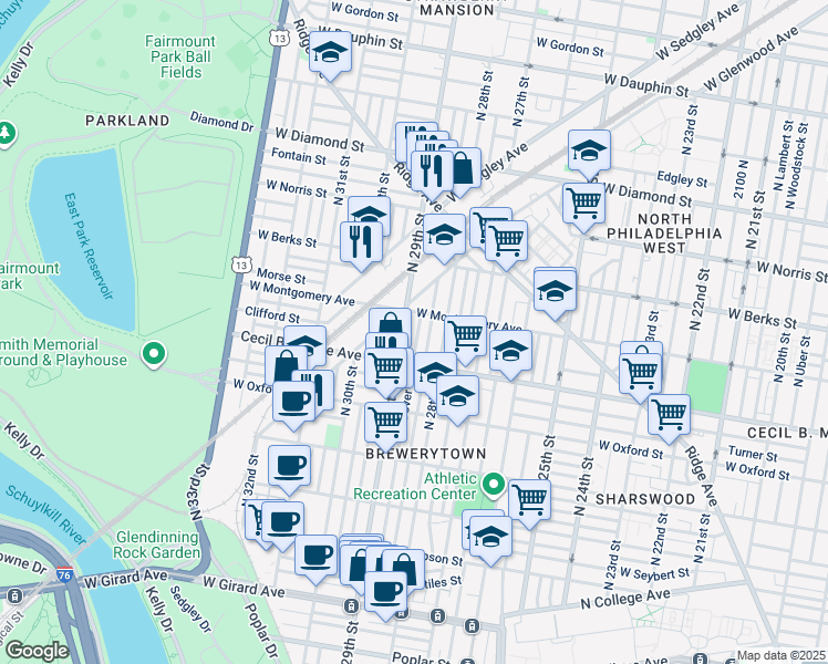 map of restaurants, bars, coffee shops, grocery stores, and more near 1744 North Dover Street in Philadelphia