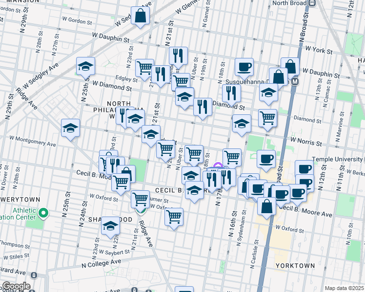 map of restaurants, bars, coffee shops, grocery stores, and more near 1860 North Uber Street in Philadelphia