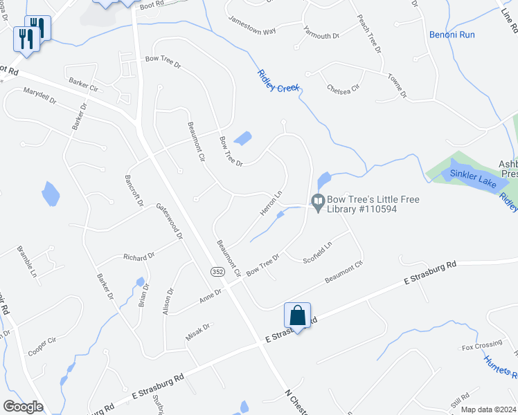 map of restaurants, bars, coffee shops, grocery stores, and more near 1615 Herron Lane in West Chester