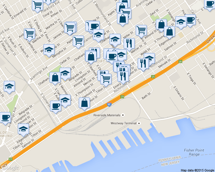 map of restaurants, bars, coffee shops, grocery stores, and more near 3127 Salmon Street in Philadelphia