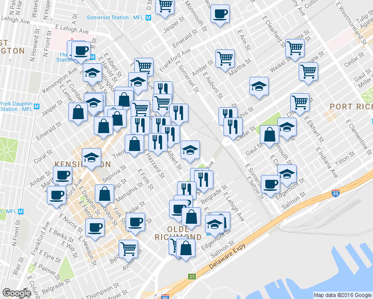 map of restaurants, bars, coffee shops, grocery stores, and more near 2328 East Lehigh Avenue in Philadelphia