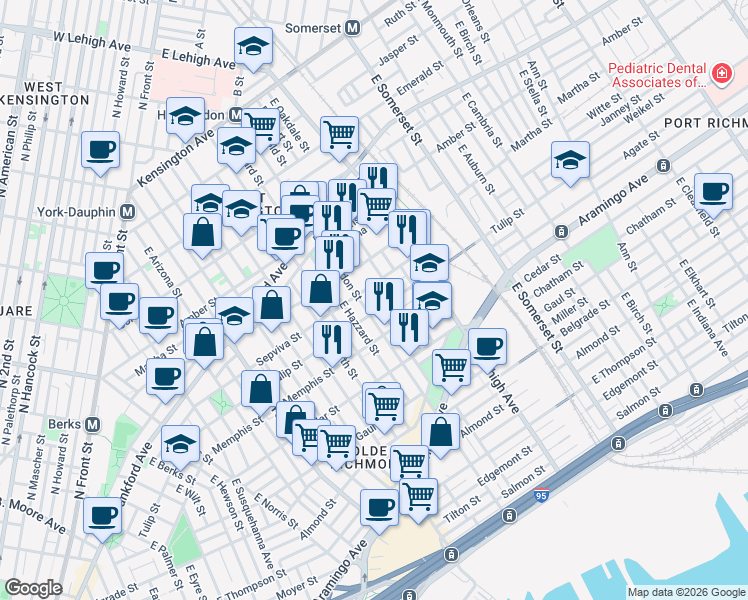map of restaurants, bars, coffee shops, grocery stores, and more near 2223 East Huntingdon Street in Philadelphia