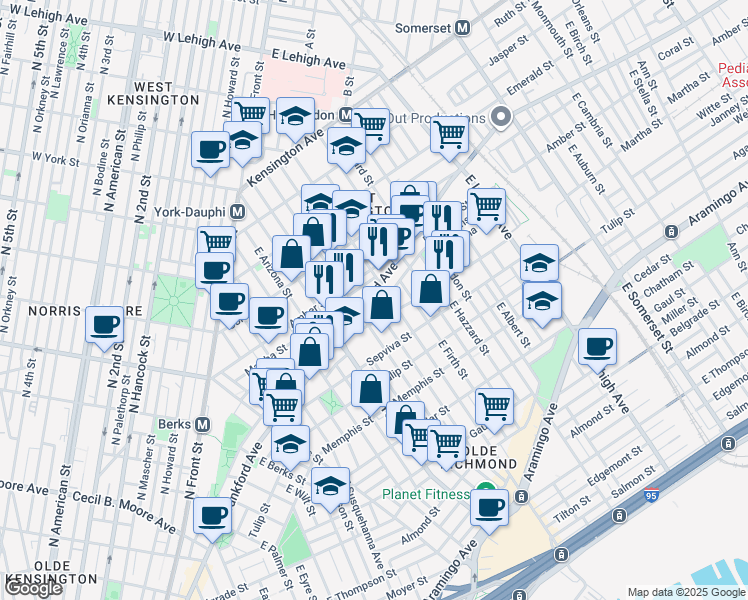 map of restaurants, bars, coffee shops, grocery stores, and more near 2133 East Letterly Street in Philadelphia