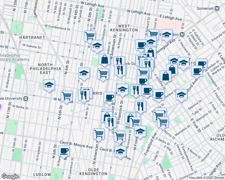 map of restaurants, bars, coffee shops, grocery stores, and more near in Philadelphia