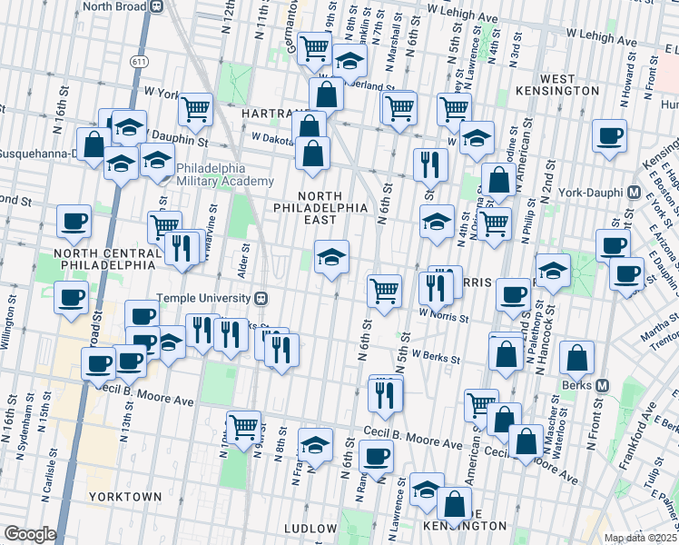 map of restaurants, bars, coffee shops, grocery stores, and more near 2014 North 7th Street in Philadelphia