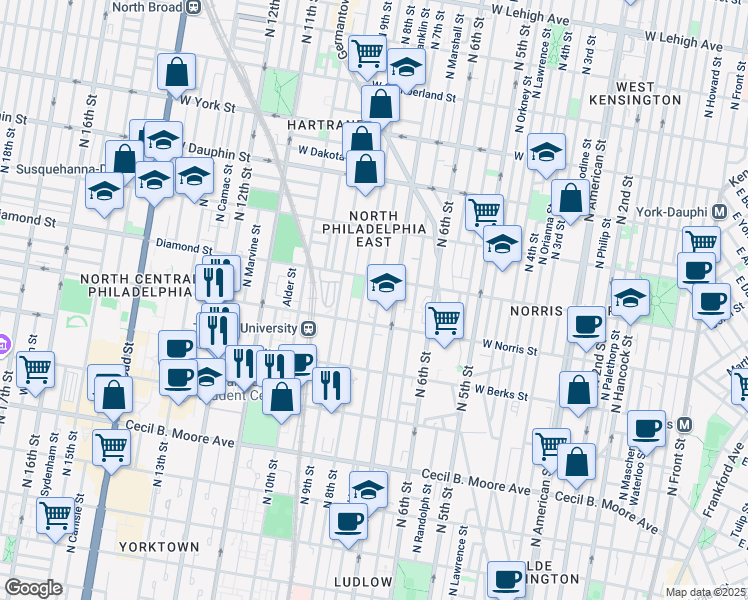 map of restaurants, bars, coffee shops, grocery stores, and more near 2021 North 8th Street in Philadelphia