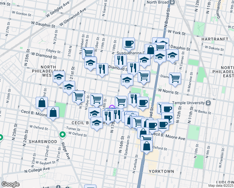 map of restaurants, bars, coffee shops, grocery stores, and more near in Philadelphia