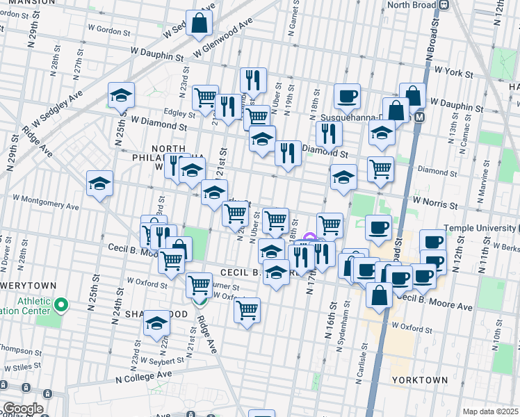map of restaurants, bars, coffee shops, grocery stores, and more near 1860 North Uber Street in Philadelphia