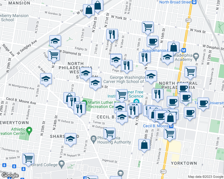 map of restaurants, bars, coffee shops, grocery stores, and more near 1860 North Uber Street in Philadelphia
