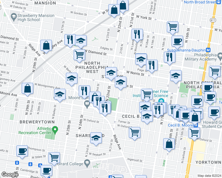 map of restaurants, bars, coffee shops, grocery stores, and more near 1827 North Van Pelt Street in Philadelphia