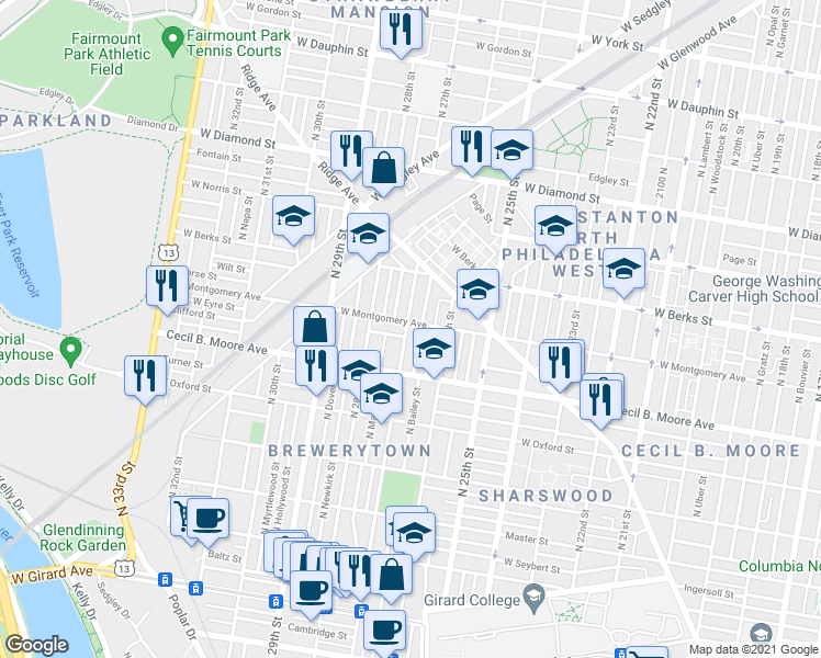 map of restaurants, bars, coffee shops, grocery stores, and more near in Philadelphia