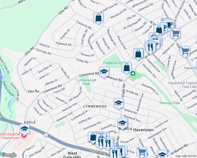 map of restaurants, bars, coffee shops, grocery stores, and more near 1400 Lawrence Road in Havertown
