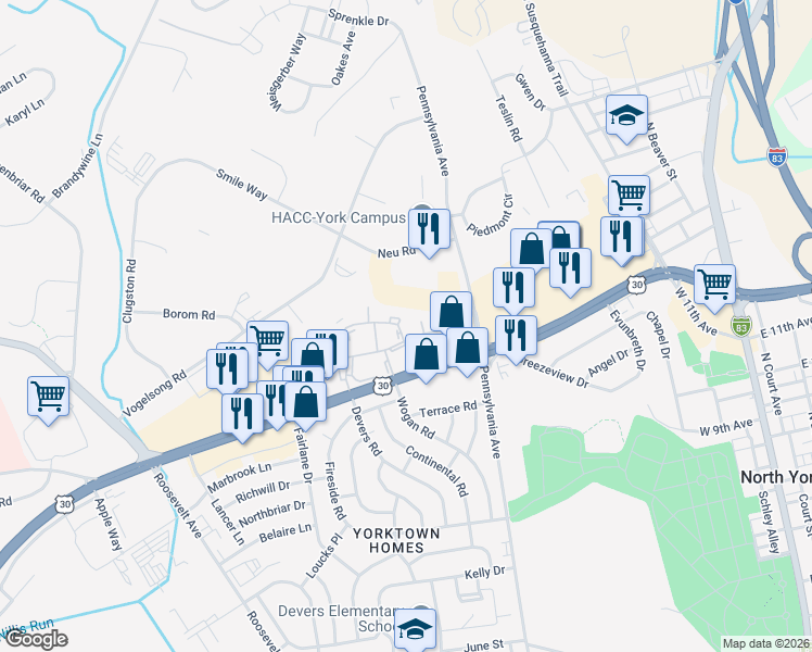 map of restaurants, bars, coffee shops, grocery stores, and more near 699 Colony Drive in York