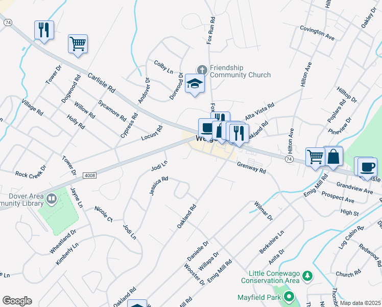 map of restaurants, bars, coffee shops, grocery stores, and more near 2410 Oakmont Road in Dover