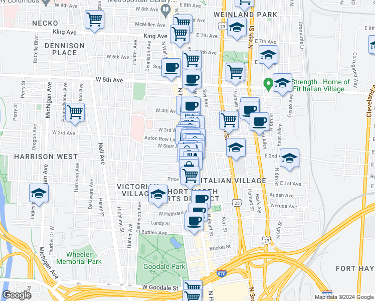 map of restaurants, bars, coffee shops, grocery stores, and more near 987 North High Street in Columbus