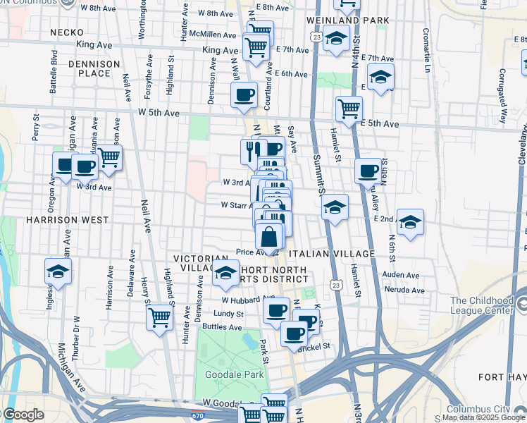 map of restaurants, bars, coffee shops, grocery stores, and more near 987 North High Street in Columbus