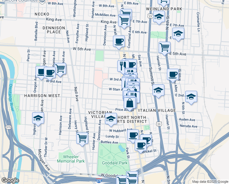 map of restaurants, bars, coffee shops, grocery stores, and more near 84-86 East 2nd Avenue in Columbus