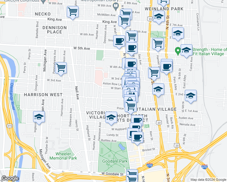 map of restaurants, bars, coffee shops, grocery stores, and more near 84-86 East 2nd Avenue in Columbus