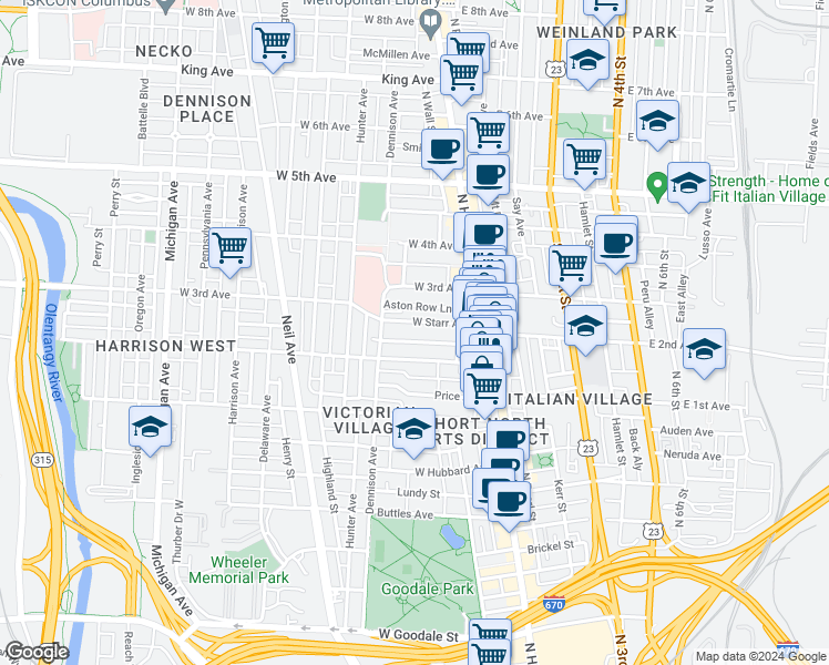 map of restaurants, bars, coffee shops, grocery stores, and more near 84-86 East 2nd Avenue in Columbus