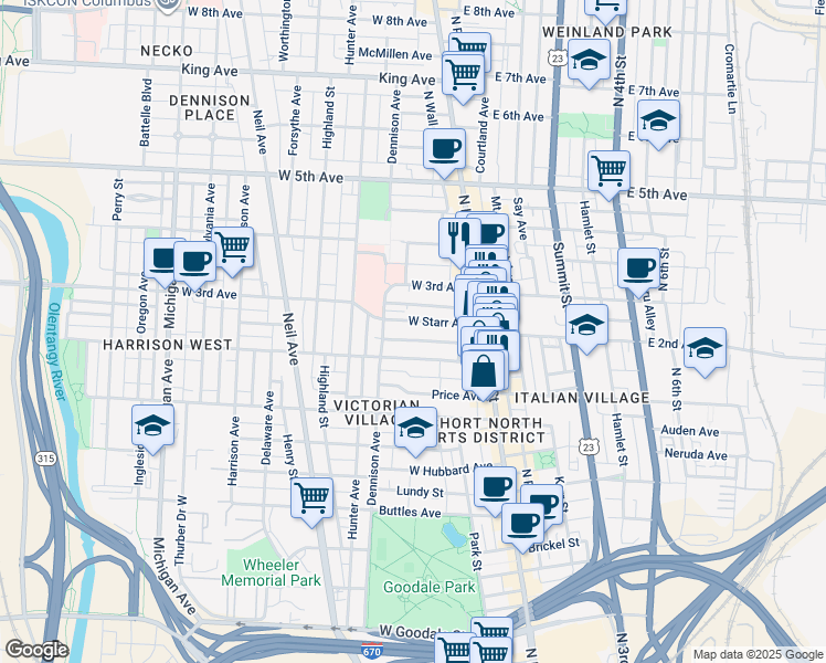 map of restaurants, bars, coffee shops, grocery stores, and more near 84-86 East 2nd Avenue in Columbus