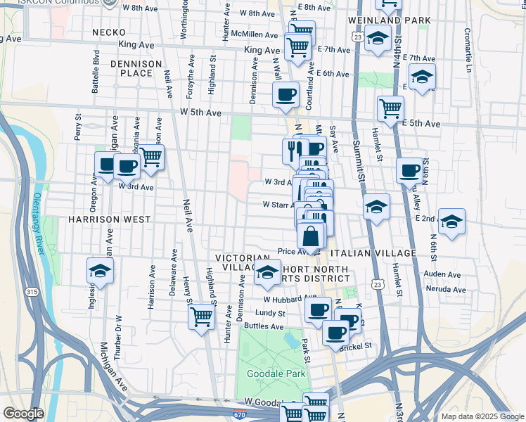 map of restaurants, bars, coffee shops, grocery stores, and more near 84-86 East 2nd Avenue in Columbus
