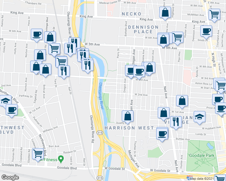 map of restaurants, bars, coffee shops, grocery stores, and more near 530 West 2nd Avenue in Columbus