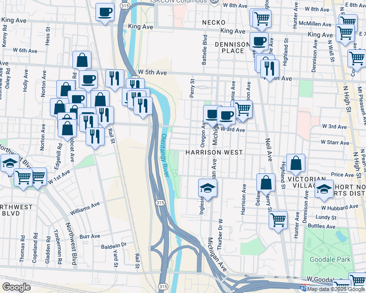 map of restaurants, bars, coffee shops, grocery stores, and more near 530 West 2nd Avenue in Columbus