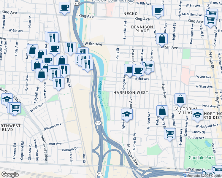map of restaurants, bars, coffee shops, grocery stores, and more near 587 West 2nd Avenue in Columbus