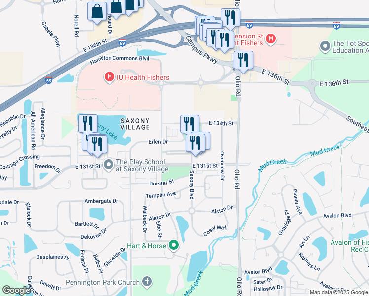 map of restaurants, bars, coffee shops, grocery stores, and more near 13208 Saxony Boulevard in Fishers