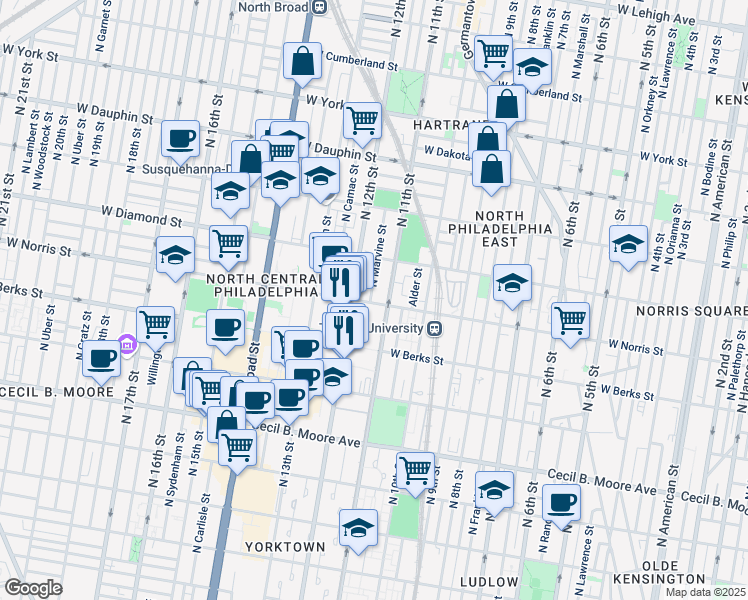 map of restaurants, bars, coffee shops, grocery stores, and more near 1105 West Norris Street in Philadelphia