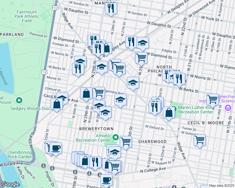 map of restaurants, bars, coffee shops, grocery stores, and more near 1765 North Taney Street in Philadelphia