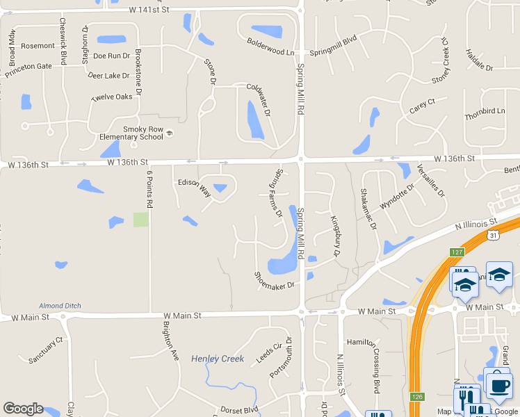 map of restaurants, bars, coffee shops, grocery stores, and more near 13501 Violet Way in Carmel
