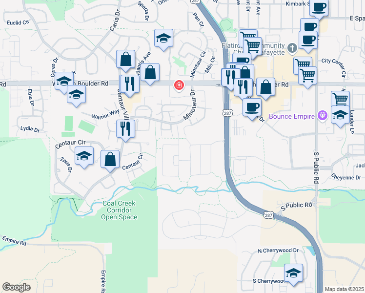map of restaurants, bars, coffee shops, grocery stores, and more near 777 Old Wagon Trail Circle in Lafayette