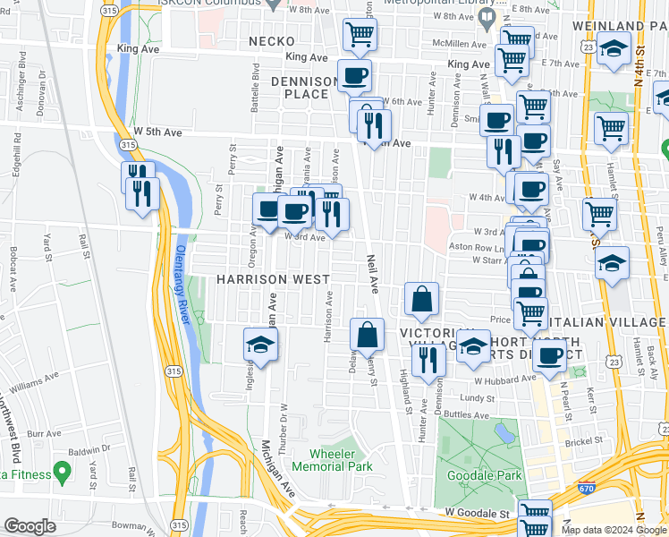 map of restaurants, bars, coffee shops, grocery stores, and more near 1052 Harrison Avenue in Columbus