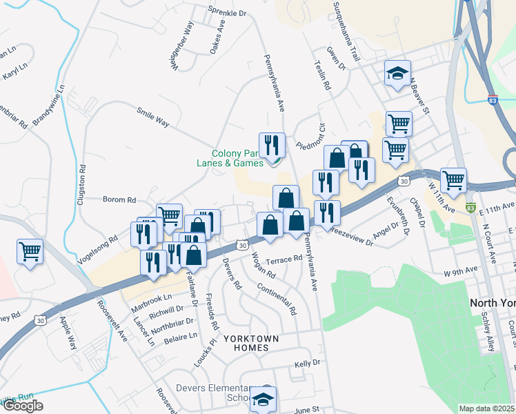 map of restaurants, bars, coffee shops, grocery stores, and more near 699 Colony Drive in York