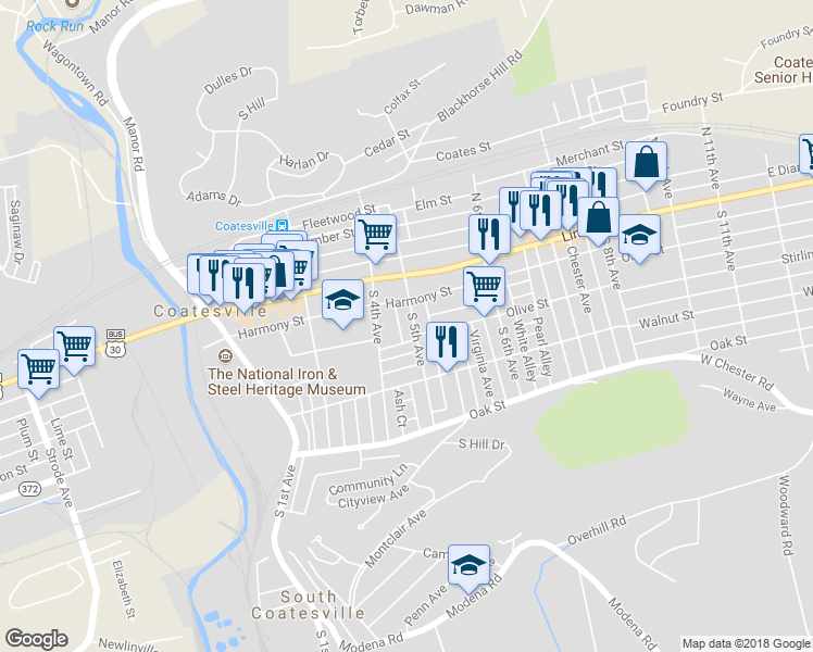 map of restaurants, bars, coffee shops, grocery stores, and more near 48 South 5th Avenue in Coatesville