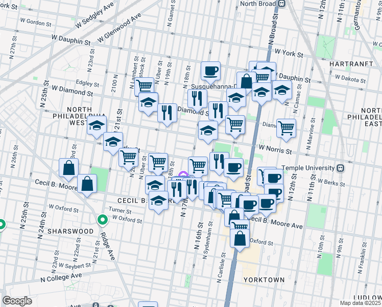 map of restaurants, bars, coffee shops, grocery stores, and more near in Philadelphia
