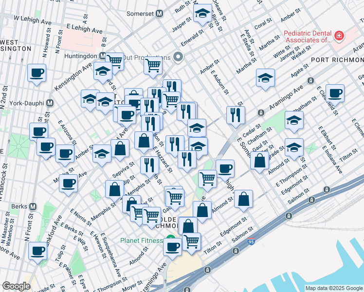 map of restaurants, bars, coffee shops, grocery stores, and more near 2634 Agate Street in Philadelphia