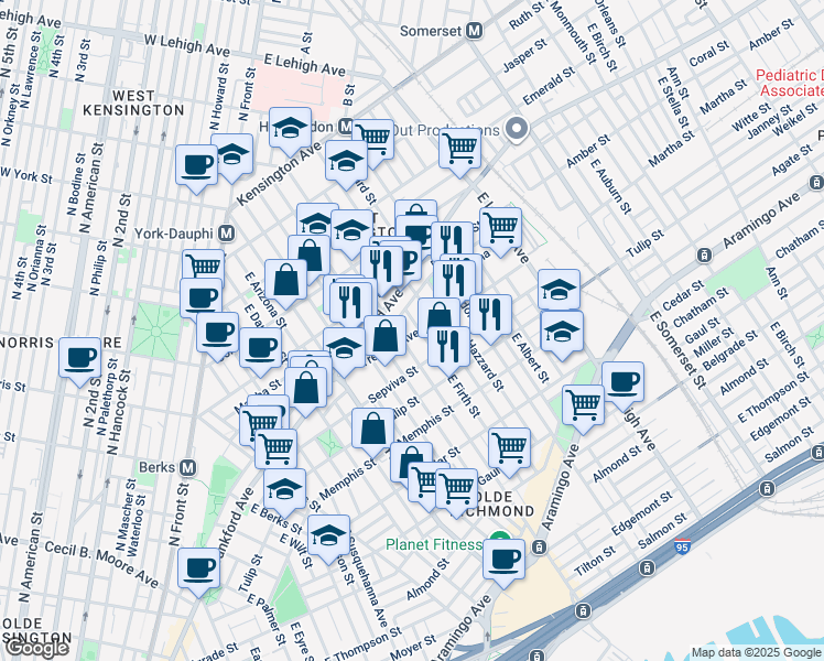 map of restaurants, bars, coffee shops, grocery stores, and more near 2148 East Firth Street in Philadelphia