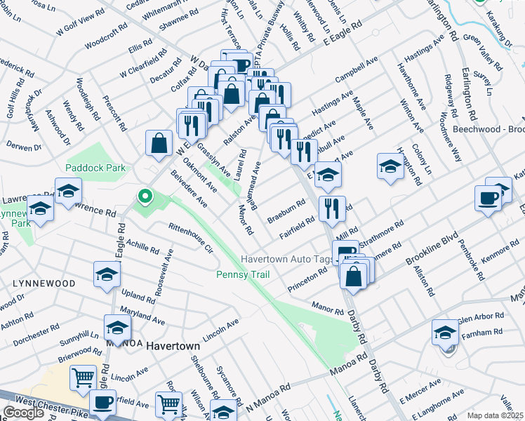 map of restaurants, bars, coffee shops, grocery stores, and more near 55 West Marthart Avenue in Havertown