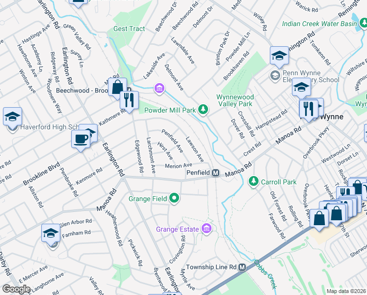 map of restaurants, bars, coffee shops, grocery stores, and more near 734 Penfield Avenue in Havertown