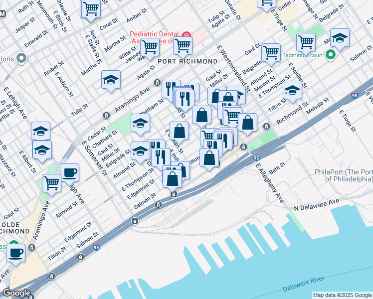 map of restaurants, bars, coffee shops, grocery stores, and more near 3035 East Thompson Street in Philadelphia