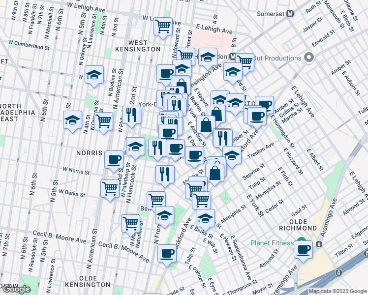 map of restaurants, bars, coffee shops, grocery stores, and more near 2028 East Fletcher Street in Philadelphia