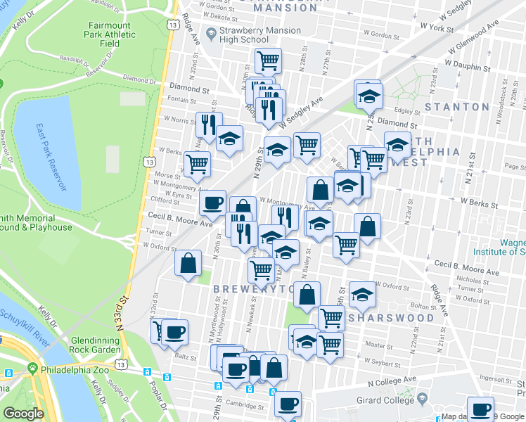 map of restaurants, bars, coffee shops, grocery stores, and more near 1749 North Dover Street in Philadelphia